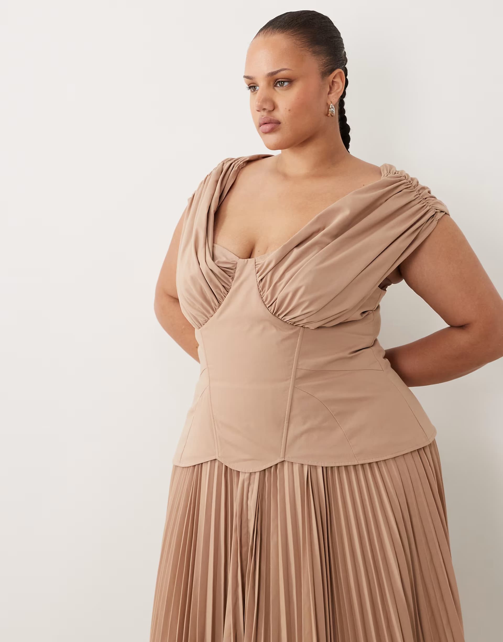 ASOS ASOS LUXE Curve off shoulder pleated cotton sateen with moulded hips midi dress in mocha