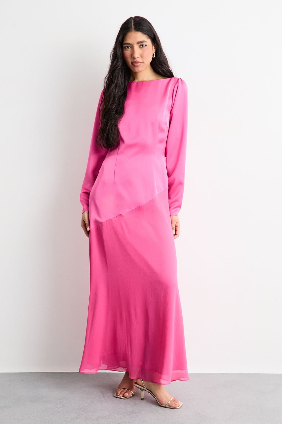 Warehouse Warehouse Women's Slash Neck Asymmetric Seam Detail Maxi Dress in Pink