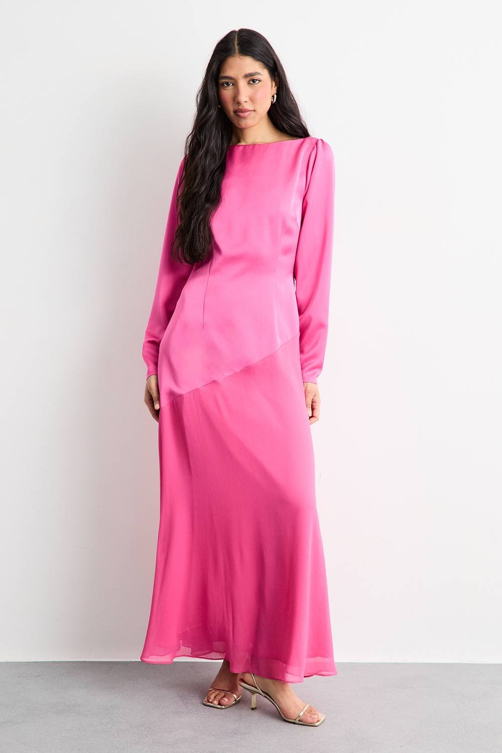 Warehouse Warehouse Women's Slash Neck Asymmetric Seam Detail Maxi Dress in Pink - 2