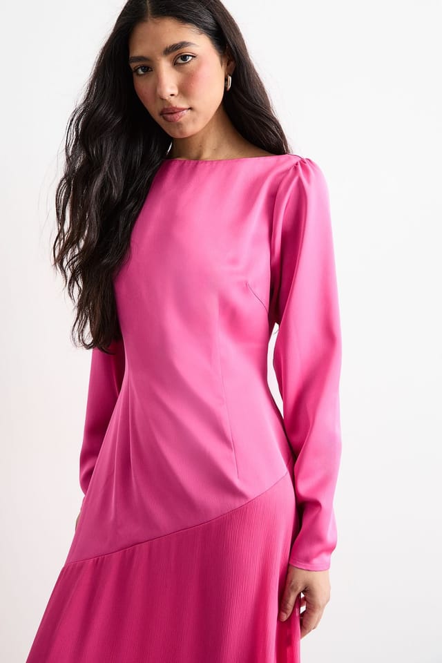 Warehouse Warehouse Women's Slash Neck Asymmetric Seam Detail Maxi Dress in Pink - 2