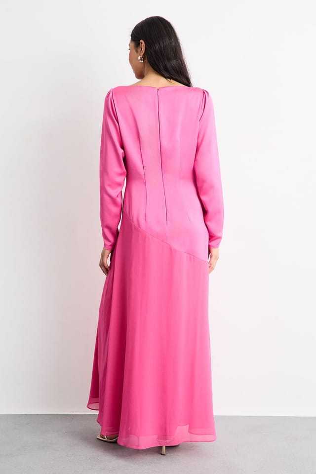 Warehouse Warehouse Women's Slash Neck Asymmetric Seam Detail Maxi Dress in Pink - 3