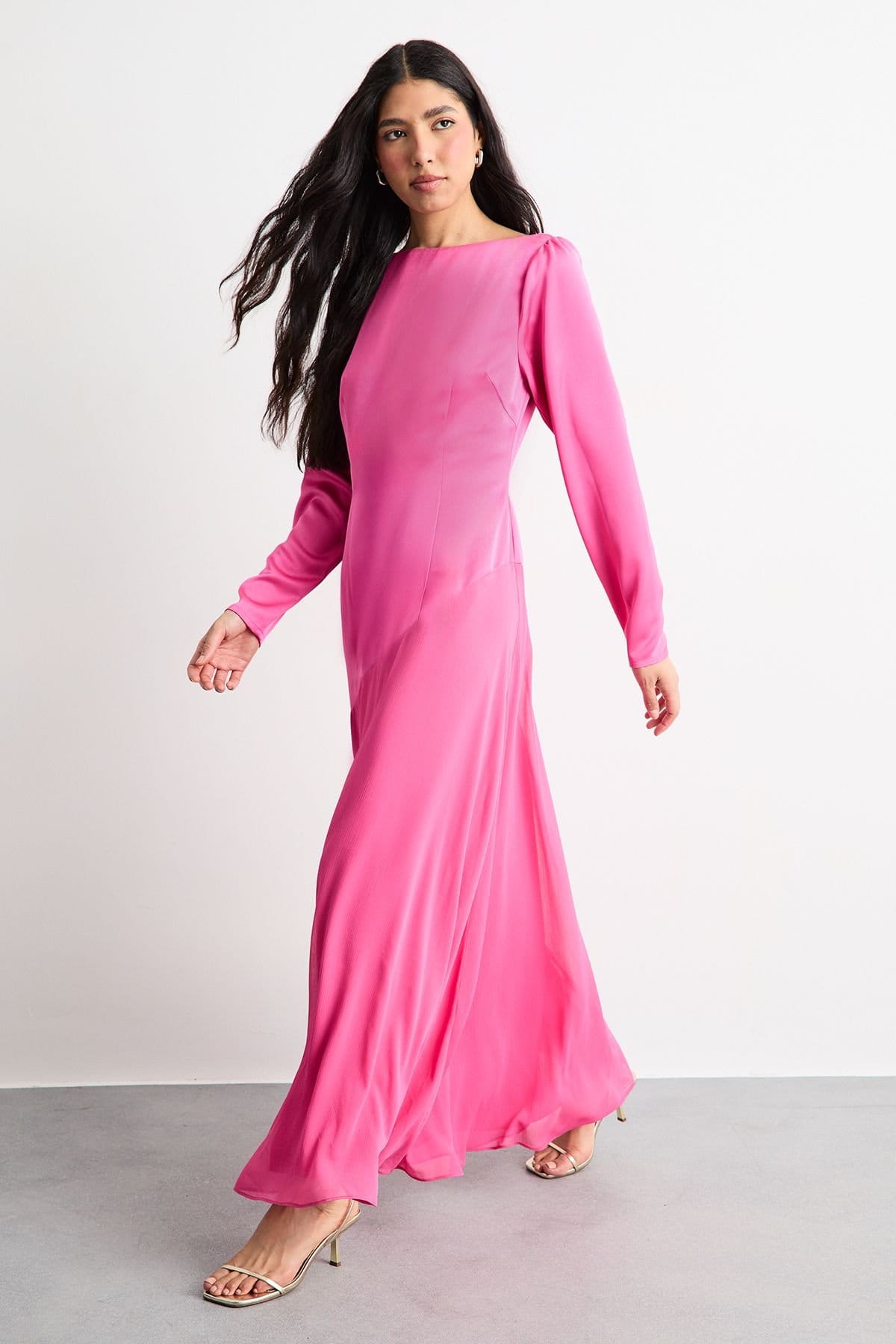 Warehouse Warehouse Women's Slash Neck Asymmetric Seam Detail Maxi Dress in Pink - 4