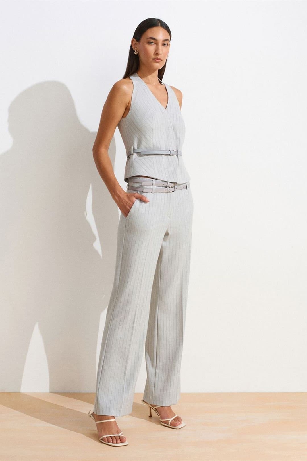 Dilvin Dilvin Women's Striped Straight-leg Belted Trousers in Light Grey