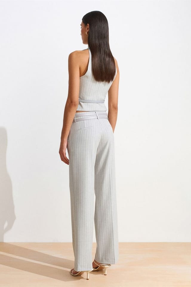 Dilvin Dilvin Women's Striped Straight-leg Belted Trousers in Light Grey - 2