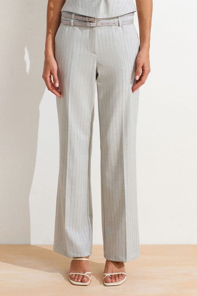 Dilvin Dilvin Women's Striped Straight-leg Belted Trousers in Light Grey - 3