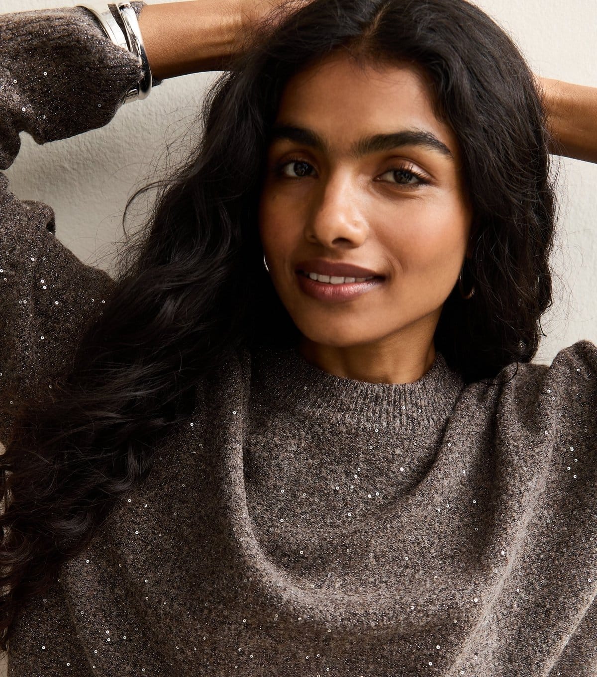 New Look Dark Mink Sequin Yarn Crew Neck Jumper