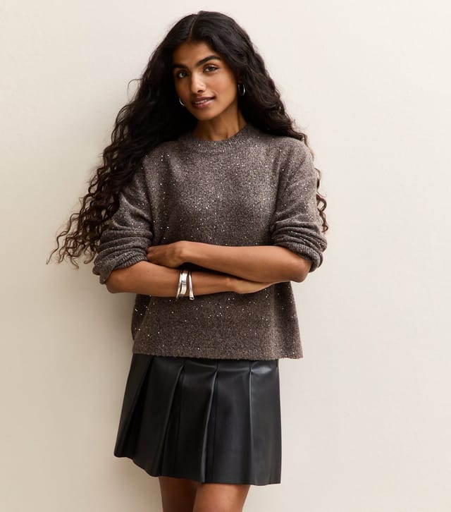 New Look Women's Petite Dark Mink Sequin Yarn Crew Neck Jumper New Look - 2