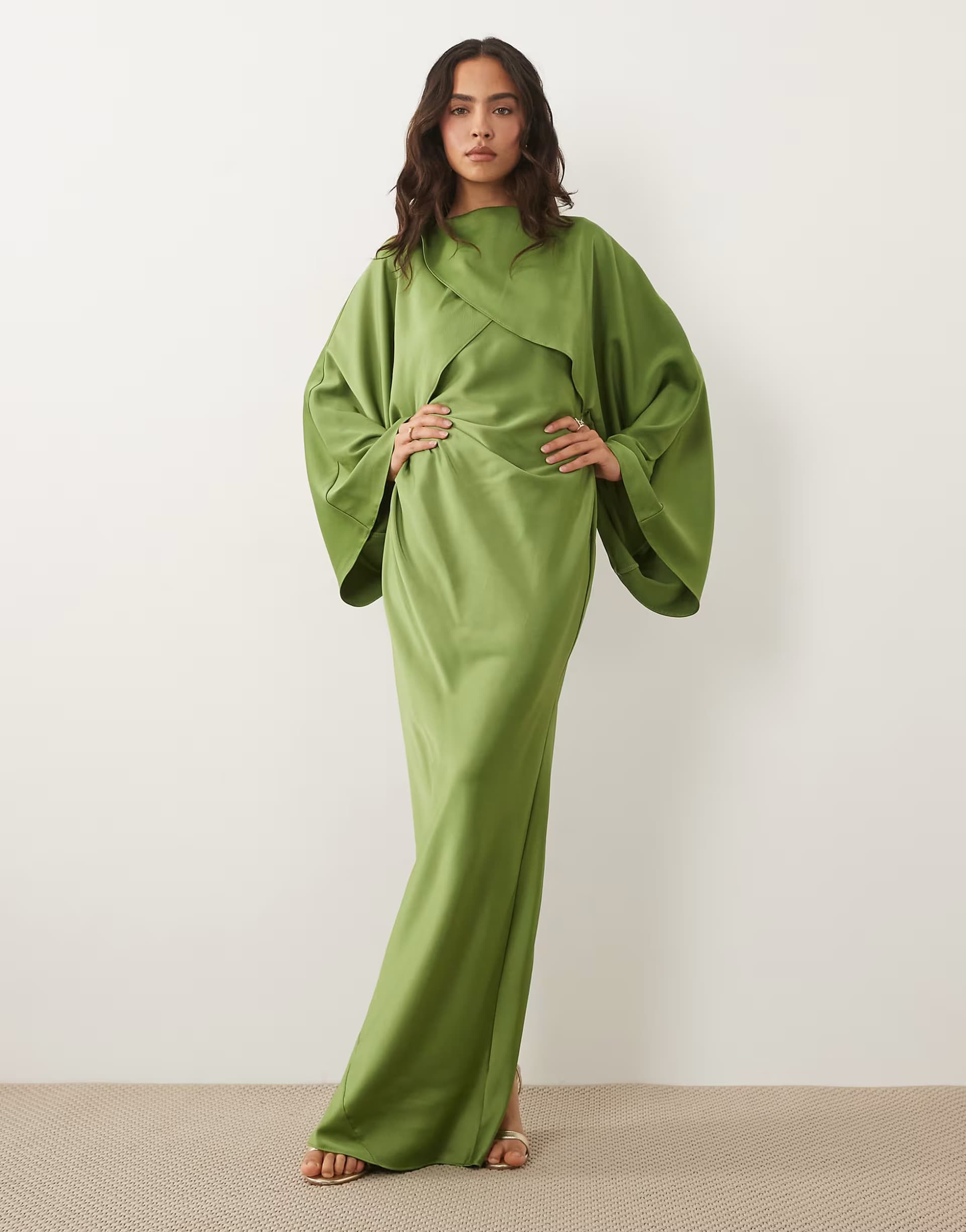 ASOS ASOS DESIGN draped long sleeve cross front high neck satin maxi dress in cedar green