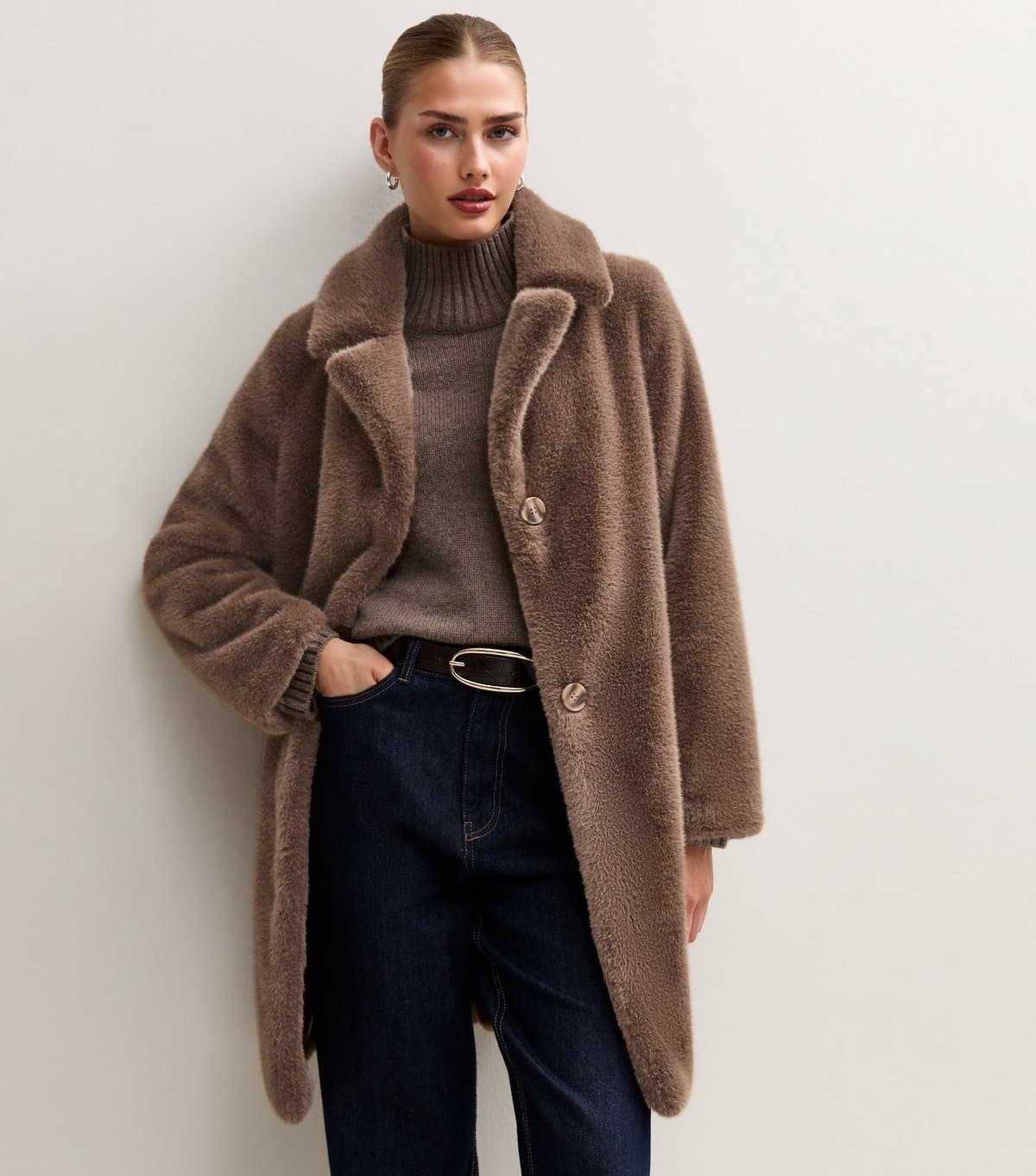 New Look Women's Mink Faux Fur Midi Coat New Look