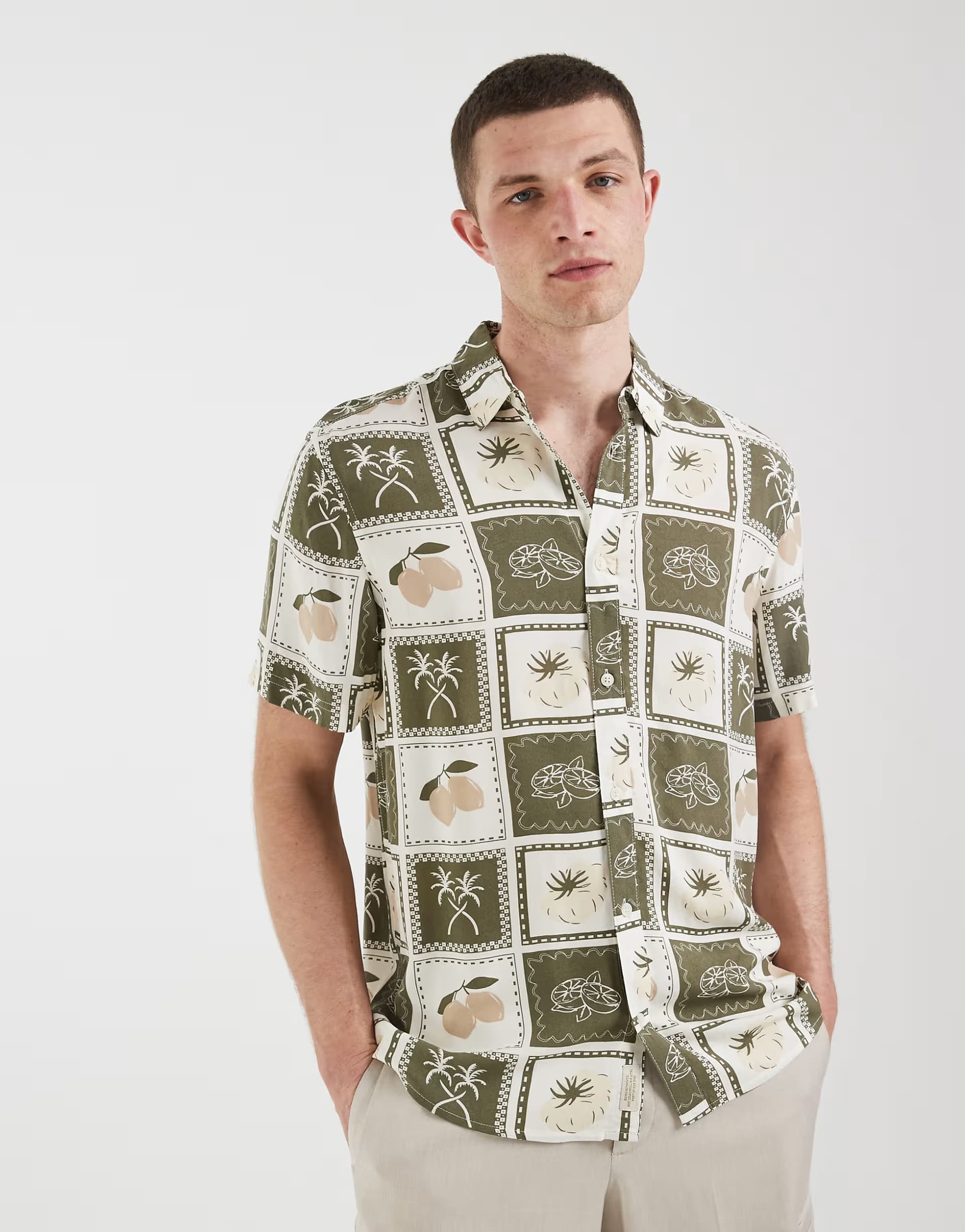 ASOS BLEND 100% cotton regular fit summer patchwork print shirt in dusty olive