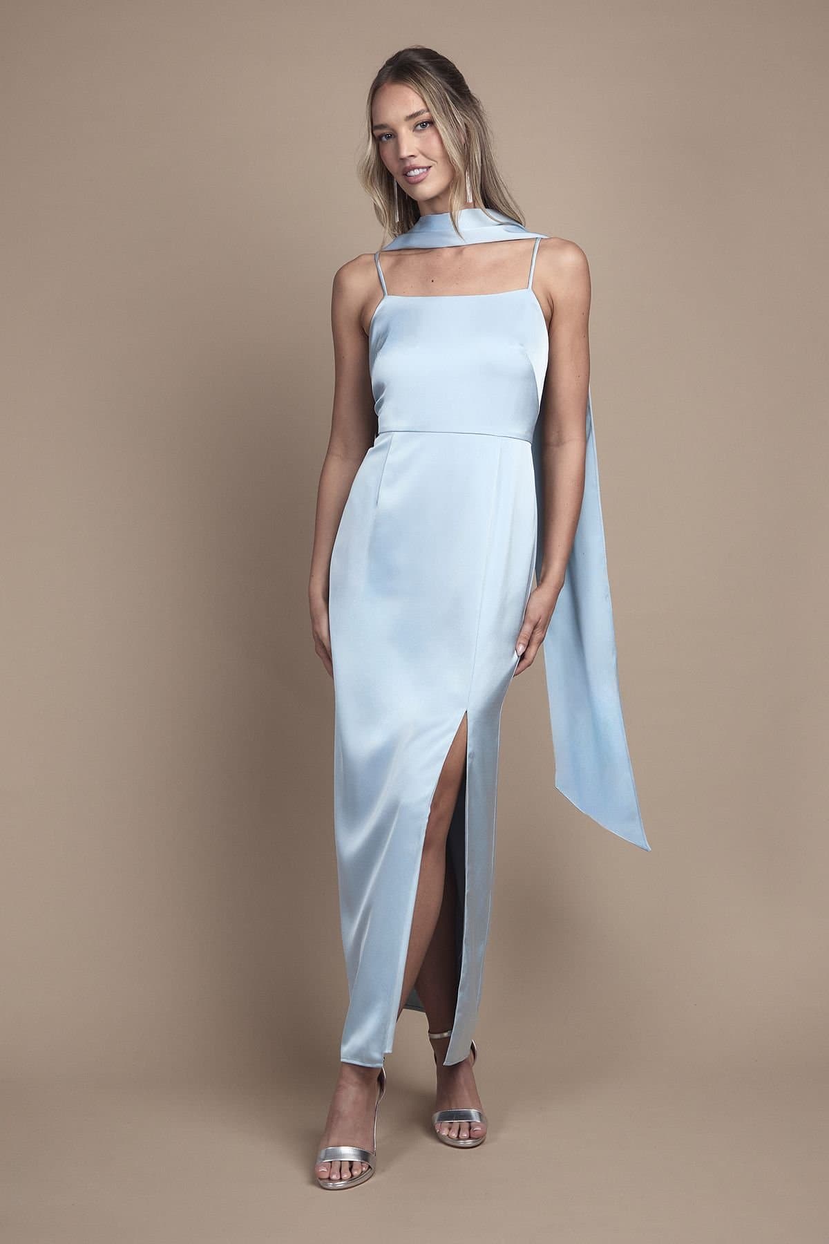 Oasis Oasis Women's Strappy Satin Maxi Bridesmaid Dress with Scarf in Light Blue
