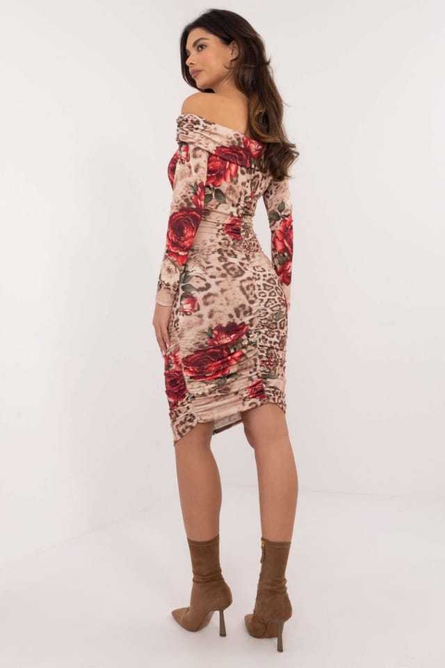 Love Lace Love Lace Women's Elegant Pencil Dress Spanish Neckline Animal Motif in Beige - 3