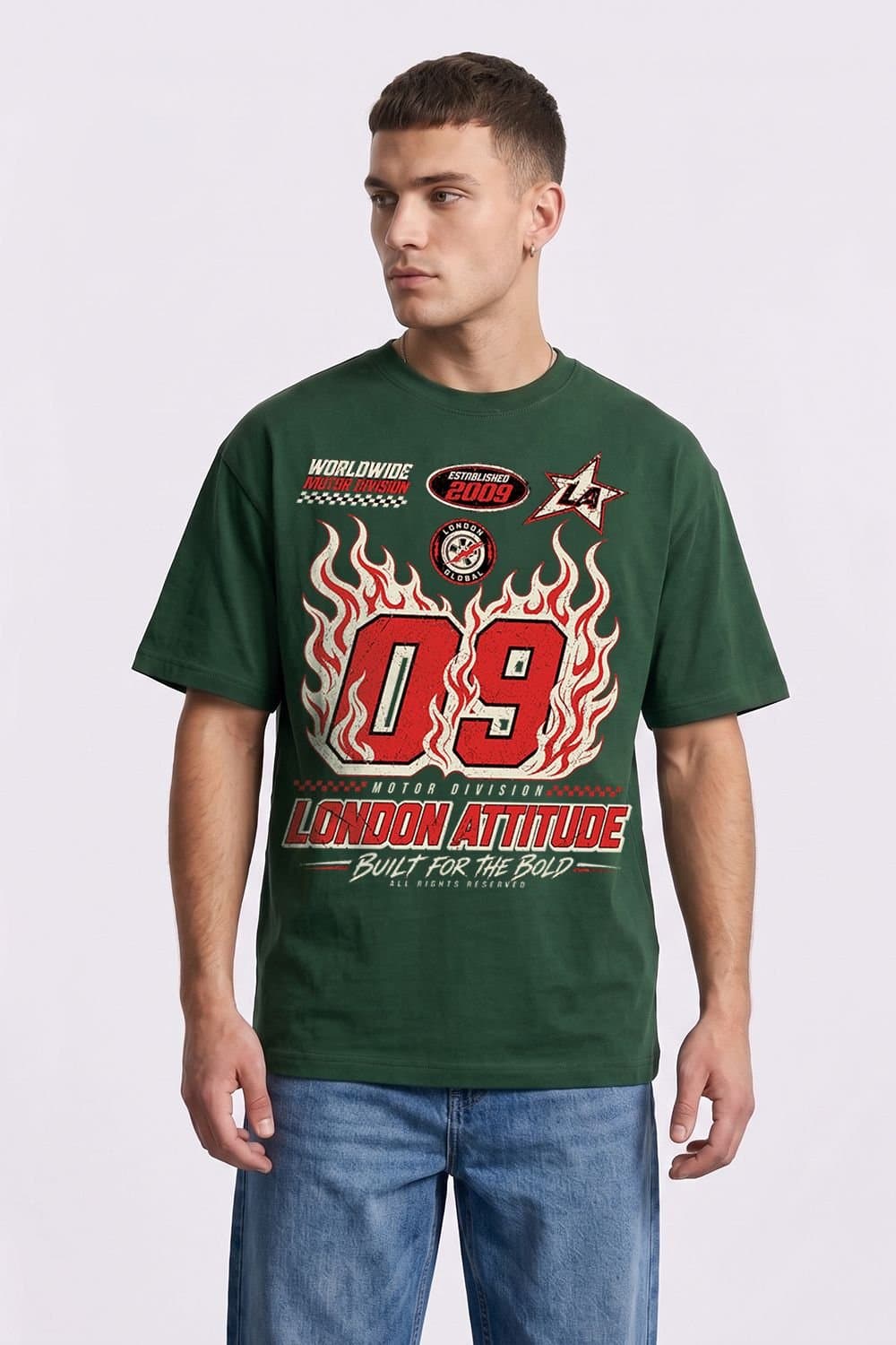 LONDON ATTITUDE LONDON ATTITUDE Men's Racing Oversized Heavyweight Graphic T-Shirt in Green