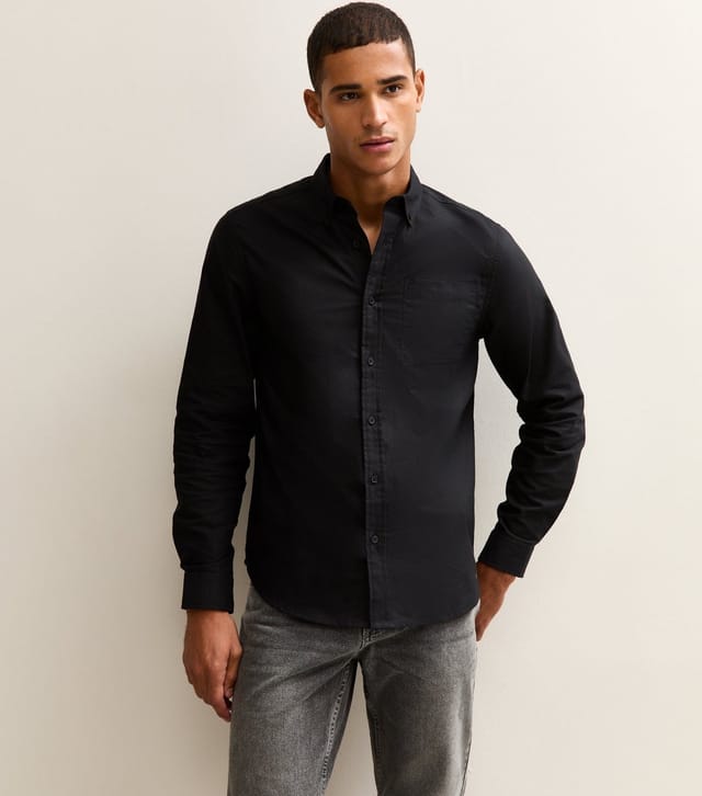 New Look Men's Black Regular Fit Long Sleeve Oxford Shirt New Look - 2