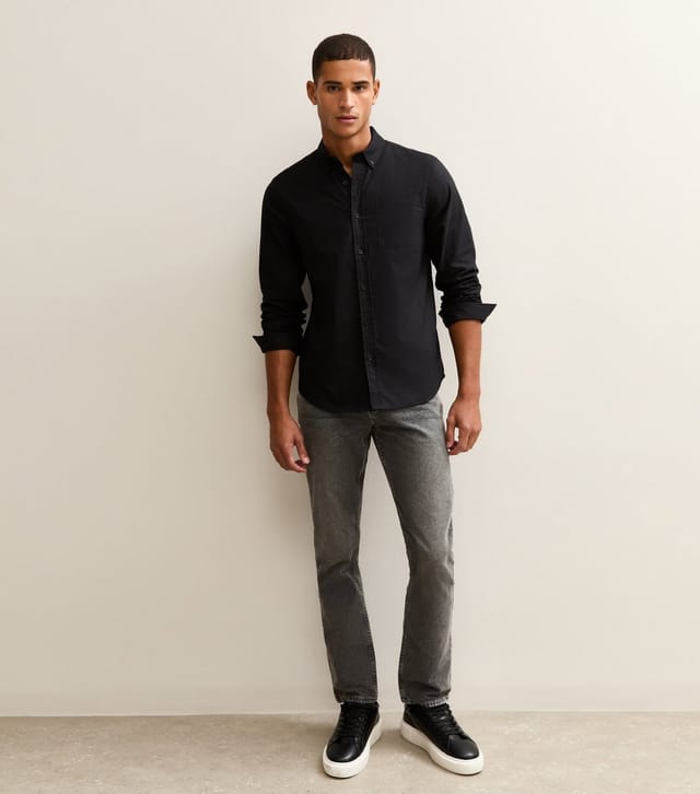 New Look Men's Black Regular Fit Long Sleeve Oxford Shirt New Look - 3