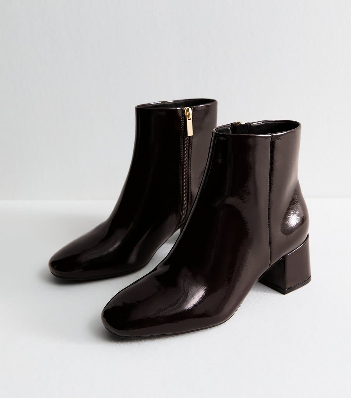 New Look Women's Wide Fit Dark Burgundy Faux Patent Leather Block Heel Boots Vegan New Look