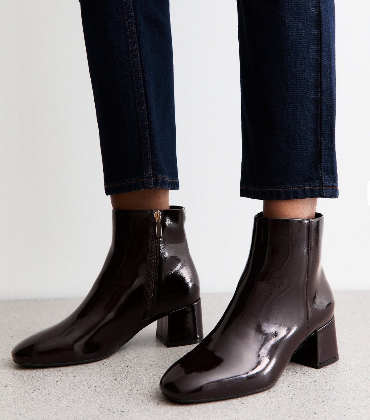 New Look Women's Wide Fit Dark Burgundy Faux Patent Leather Block Heel Boots Vegan New Look - 2