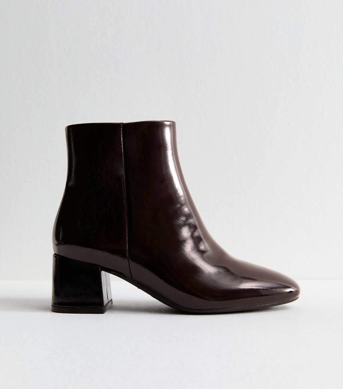 New Look Women's Wide Fit Dark Burgundy Faux Patent Leather Block Heel Boots Vegan New Look - 3