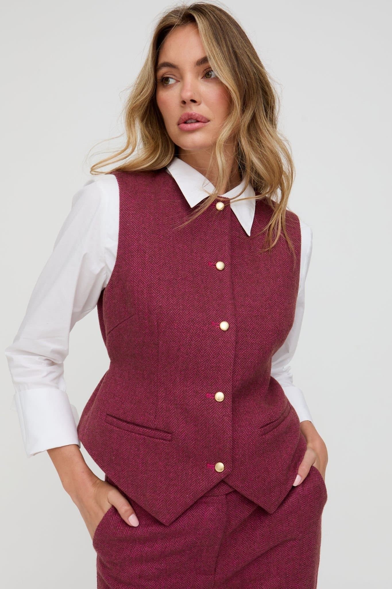 Lily and Lionel Lily and Lionel Women's Pandora Tailored Herringbone Print Waistcoat In Pink in Raspberry
