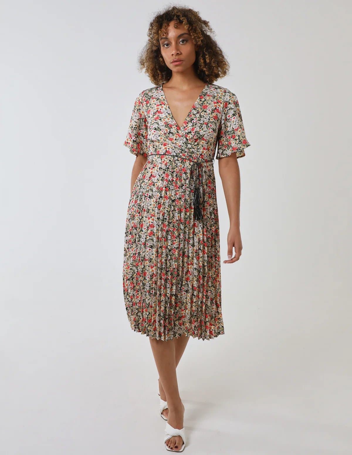 Blue Vanilla Wrap Front Pleated Hem Dress With Angel Sleeves