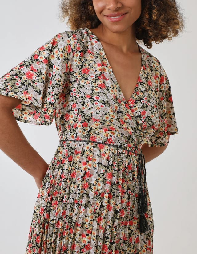 Blue Vanilla Wrap Front Pleated Hem Dress With Angel Sleeves - 2