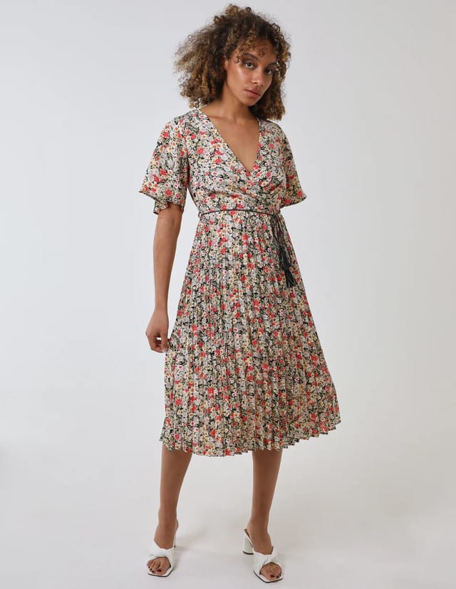 Blue Vanilla Wrap Front Pleated Hem Dress With Angel Sleeves - 3