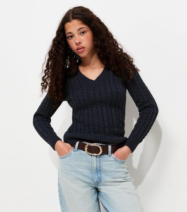 New Look Girls' Navy Cable Knit V-Neck Jumper New Look - 2