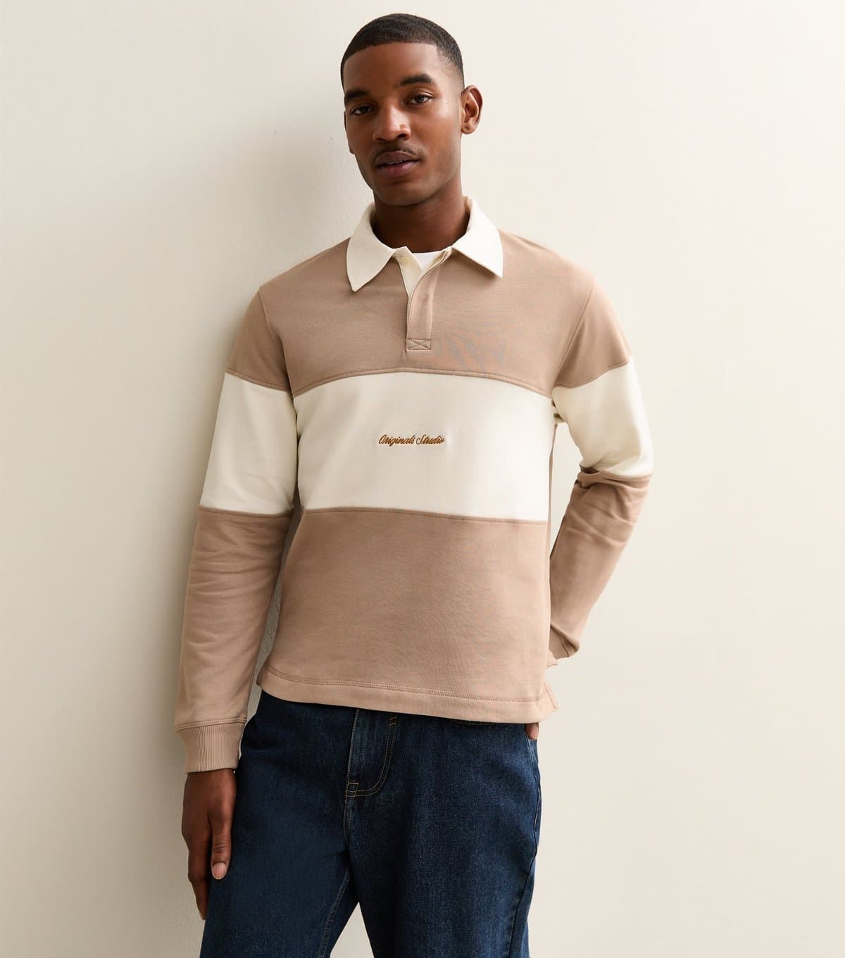 jack & jones Men's Light Brown Stripe Long Sleeve Polo Top Jack & Jones New Look