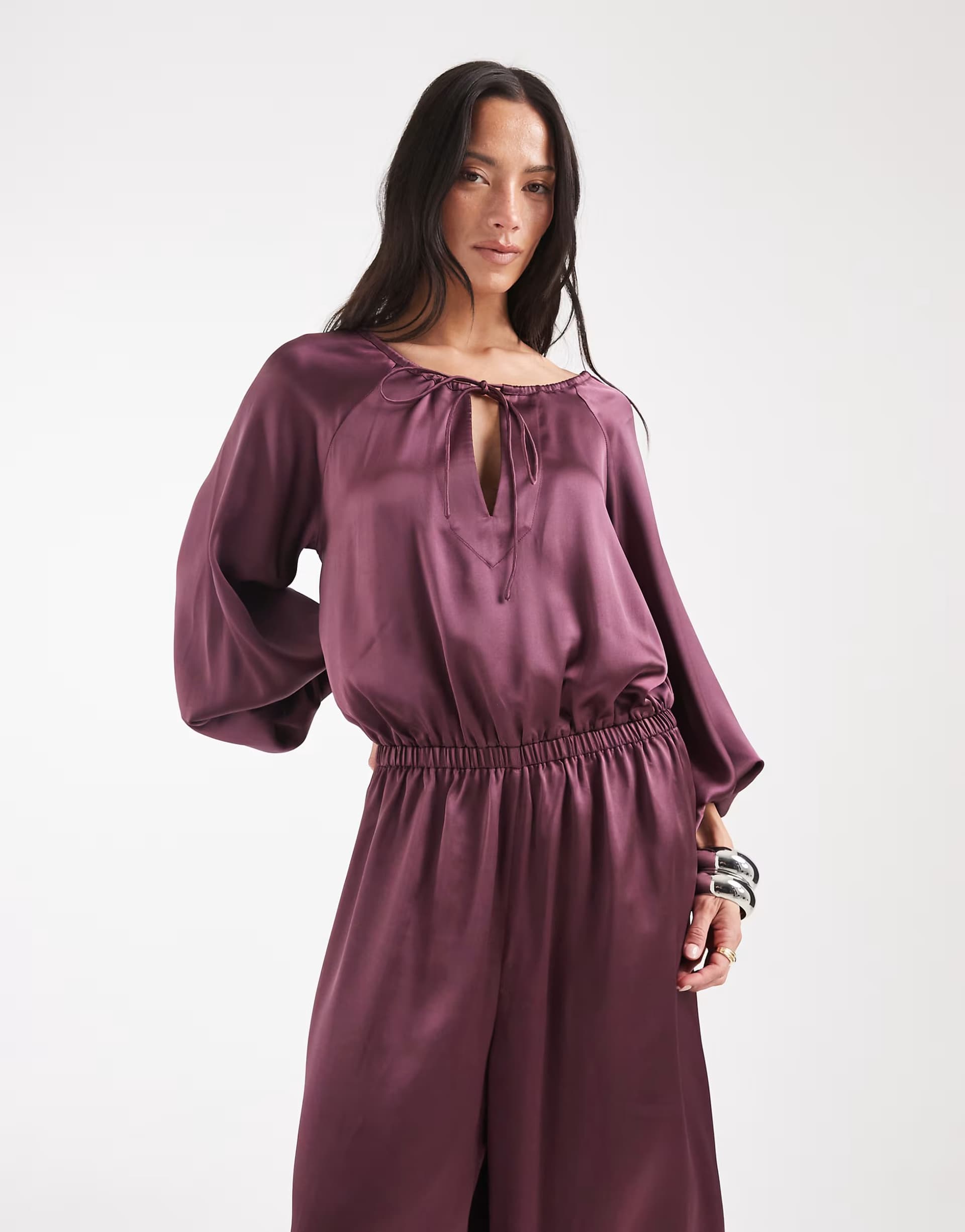ASOS ASOS DESIGN long sleeve satin jumpsuit in burgundy