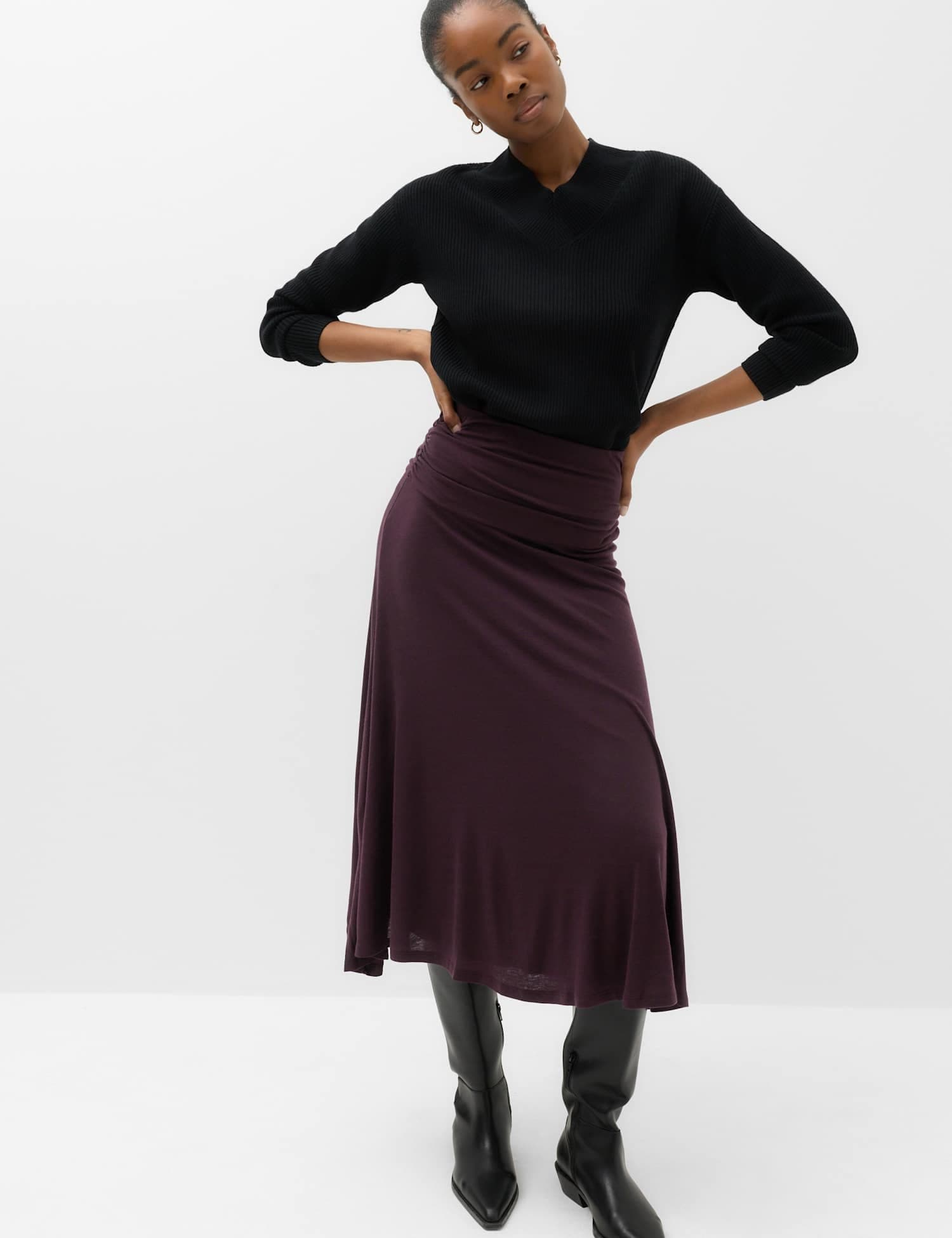 Marks & Spencer M&S Lyocell Blend Ruched Midi A-Line Skirt Dark Aubergine