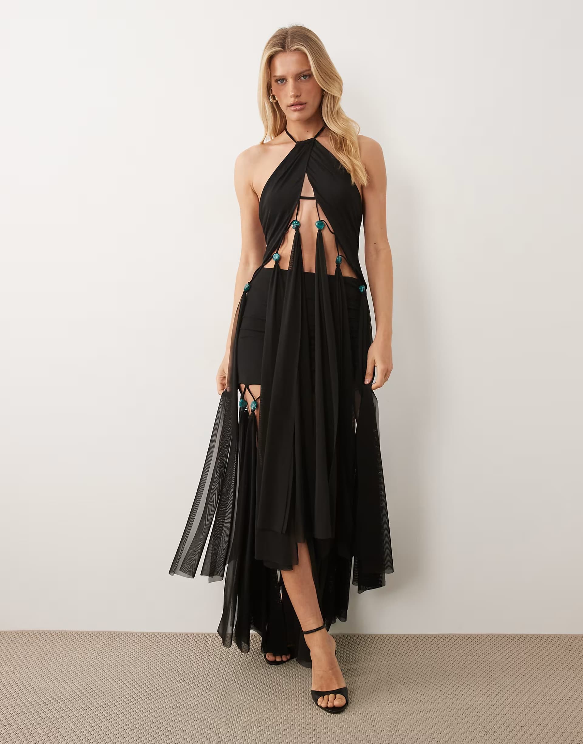 ASOS ASOS DESIGN mesh fringe halter top with beads in black