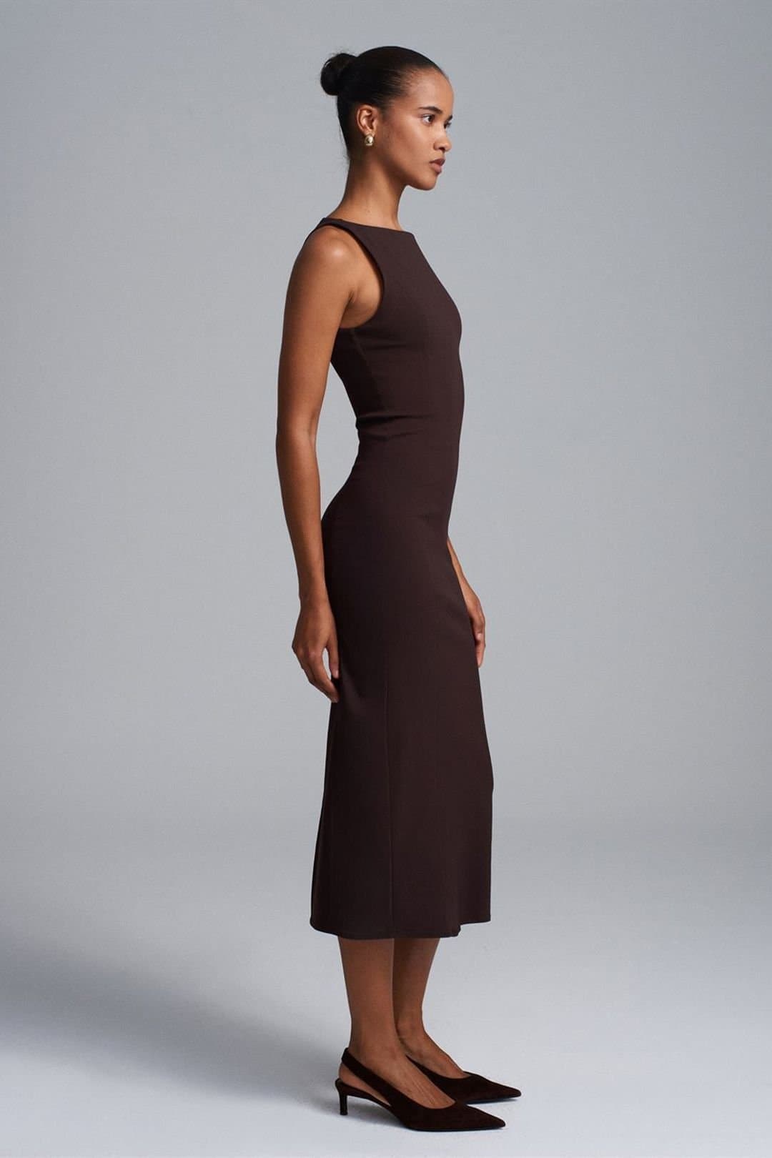 Dilvin Dilvin Women's Sleeveless Midi Bodycon Dress With Slit in Dark Brown