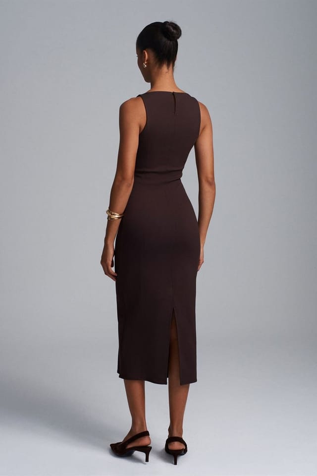 Dilvin Dilvin Women's Sleeveless Midi Bodycon Dress With Slit in Dark Brown - 2