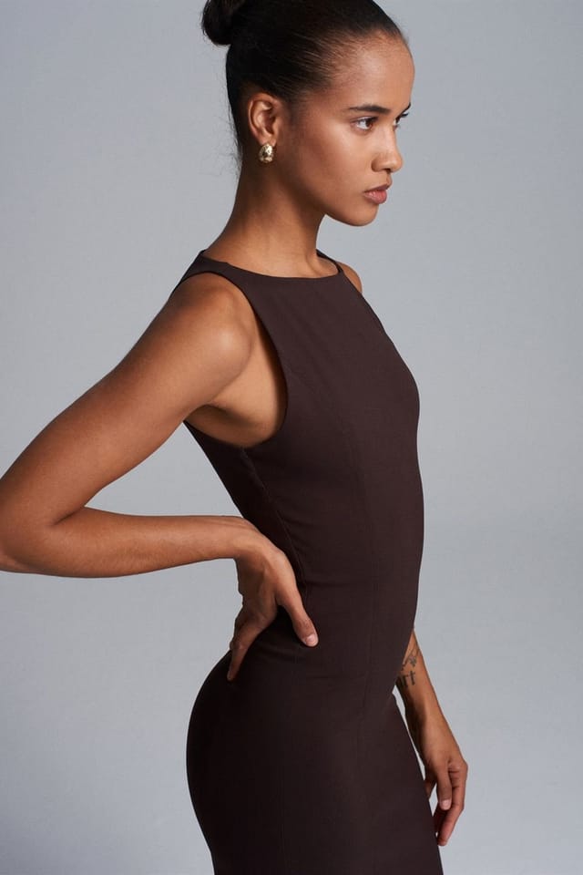 Dilvin Dilvin Women's Sleeveless Midi Bodycon Dress With Slit in Dark Brown - 3