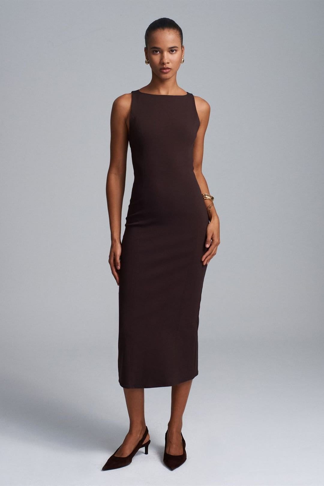 Dilvin Dilvin Women's Sleeveless Midi Bodycon Dress With Slit in Dark Brown - 4