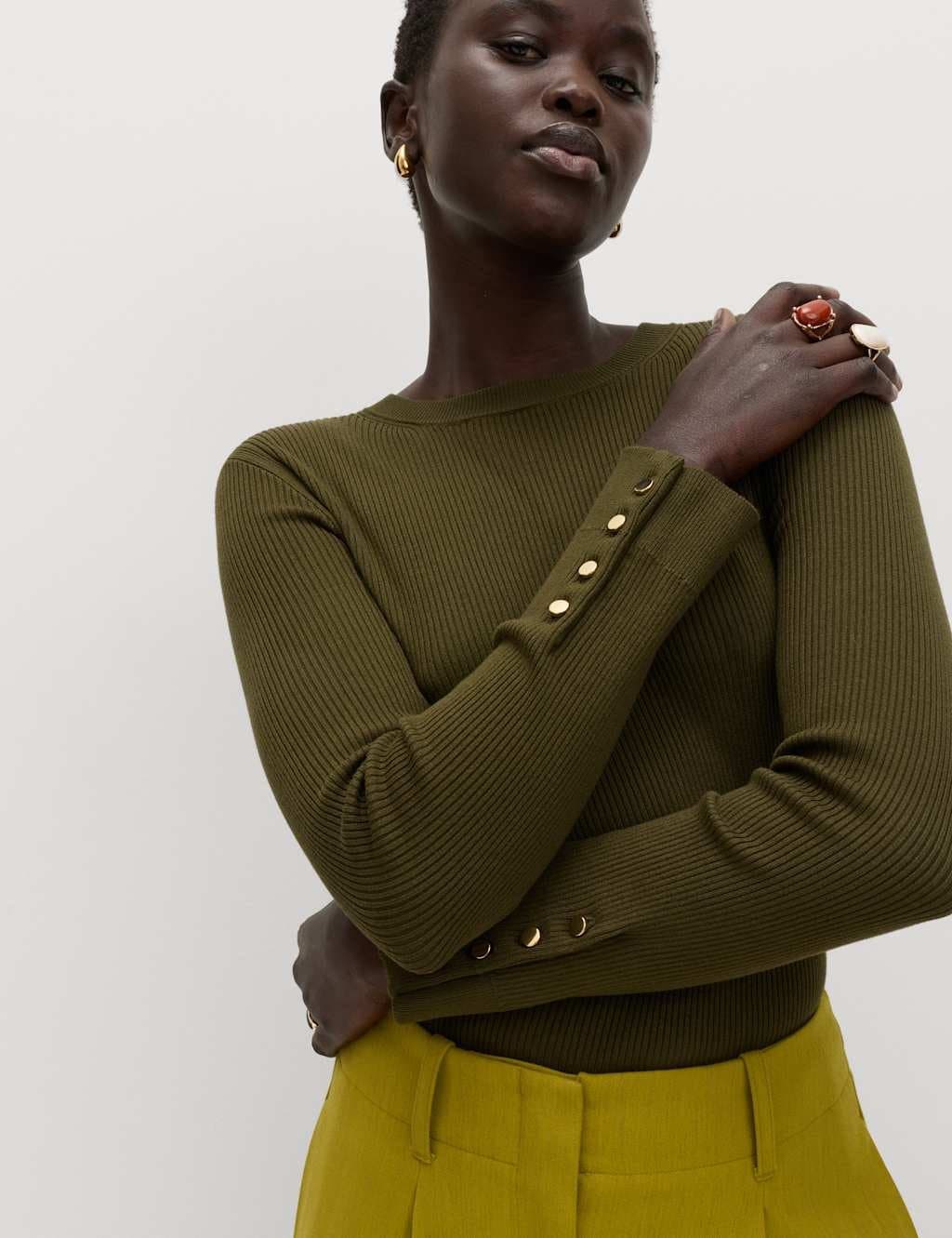 Marks & Spencer M&S Ribbed Crew Neck Button Detail Jumper Khaki