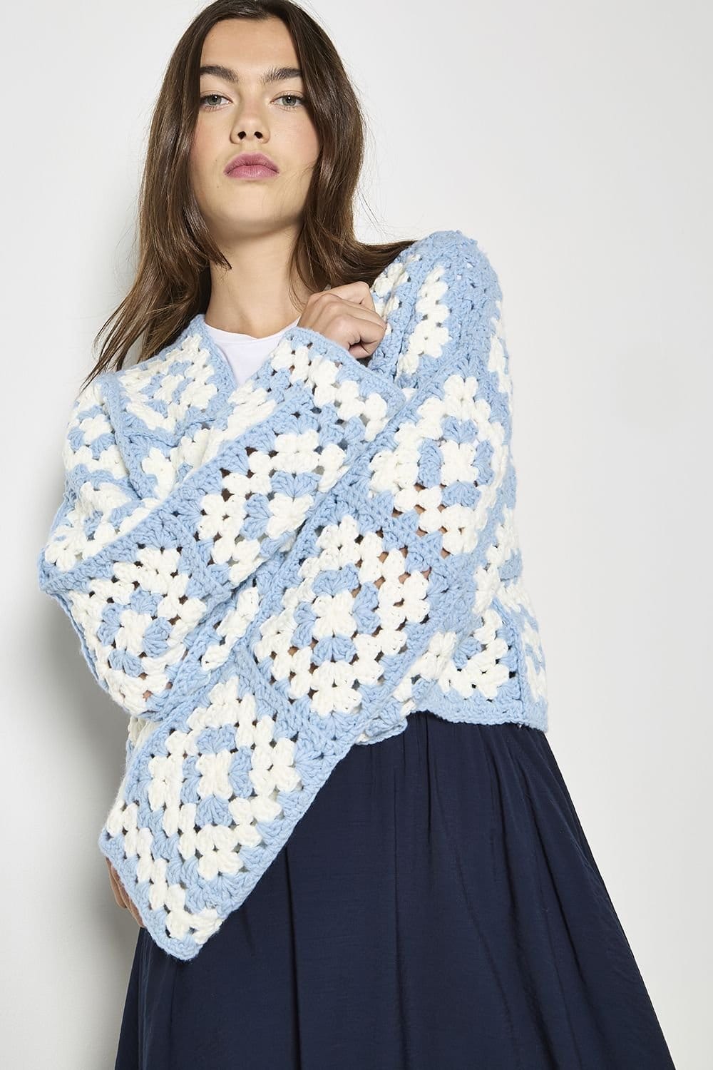 Apricot Apricot Women's Hand-Knit Crochet Squares Cardigan in Blue - 4