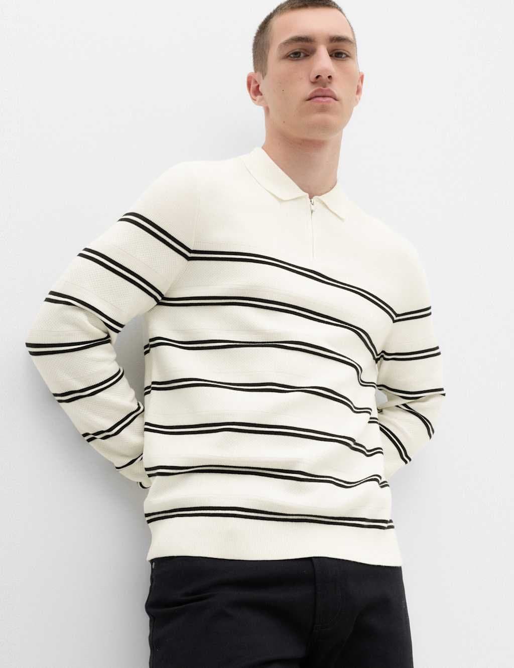 Marks & Spencer M&S Cotton Rich Half Zip Knitted Polo Shirt Ecru Mix