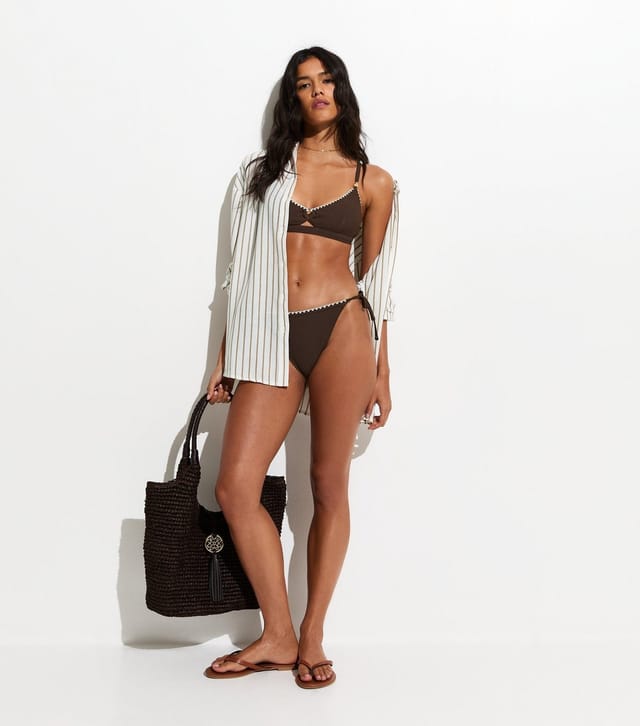 New Look Women's Dark Brown Blanket Stitch Tanga Tie Side Bikini Bottoms New Look - 3