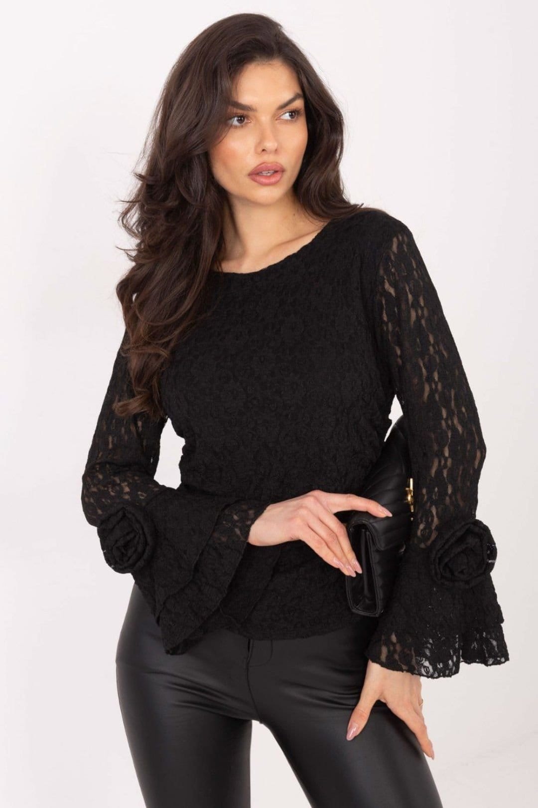 Love Lace Love Lace Women's Elegant Lace Blouse with Bell Ruffle Sleeves in Black - 4