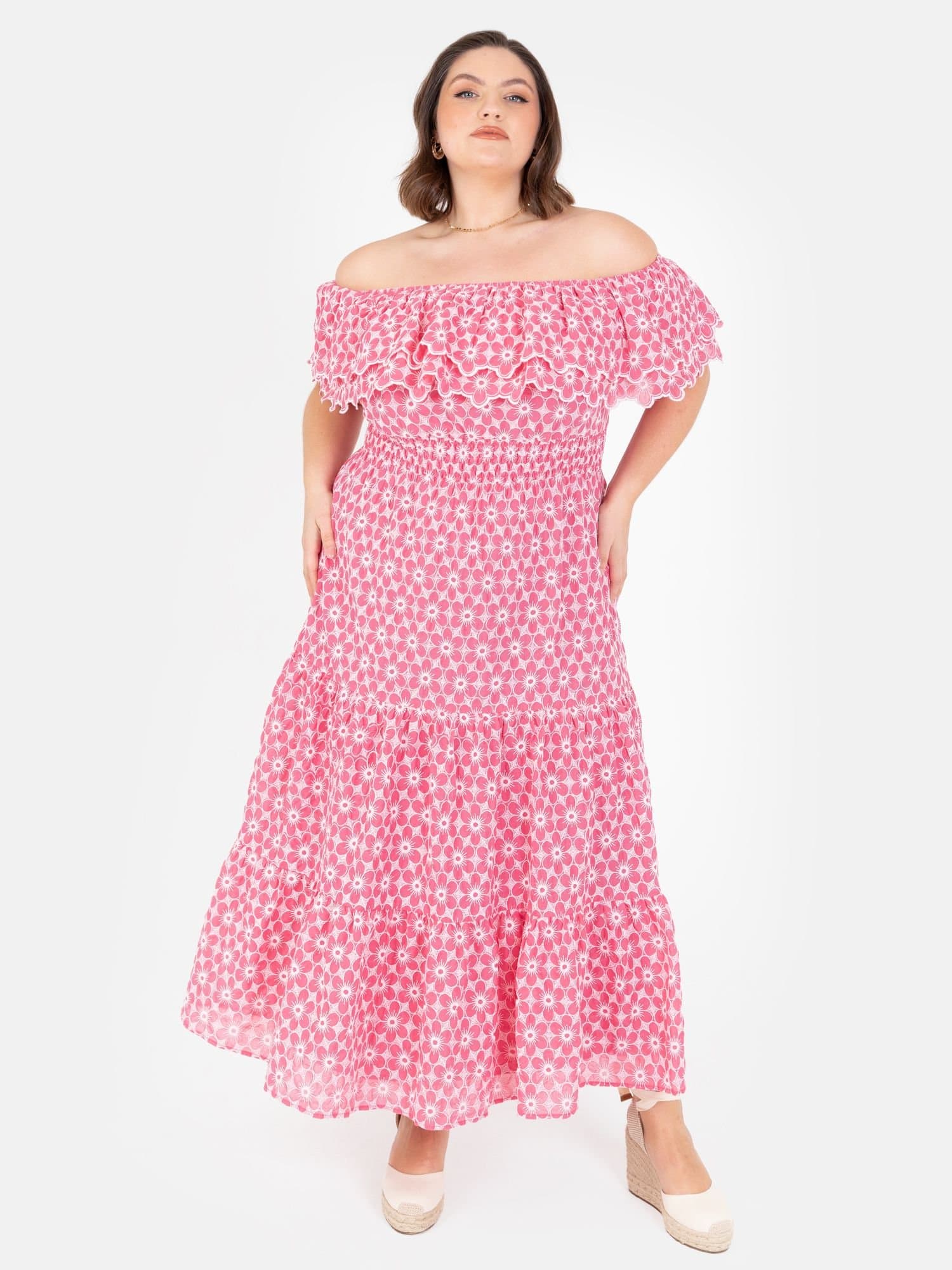 Lovedrobe Lovedrobe Women's Embroidered Bardot Neck Midi Dress in Pink