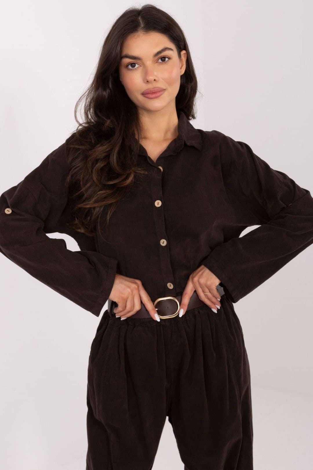 Love Lace Love Lace Women's Corduroy Long Sleeve Button Shirt in Brown