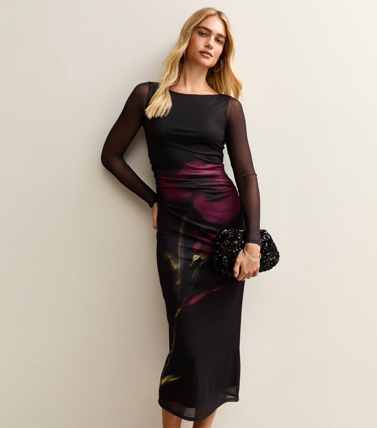 New Look Women's Black Flower Ruched Mesh Midi Dress New Look