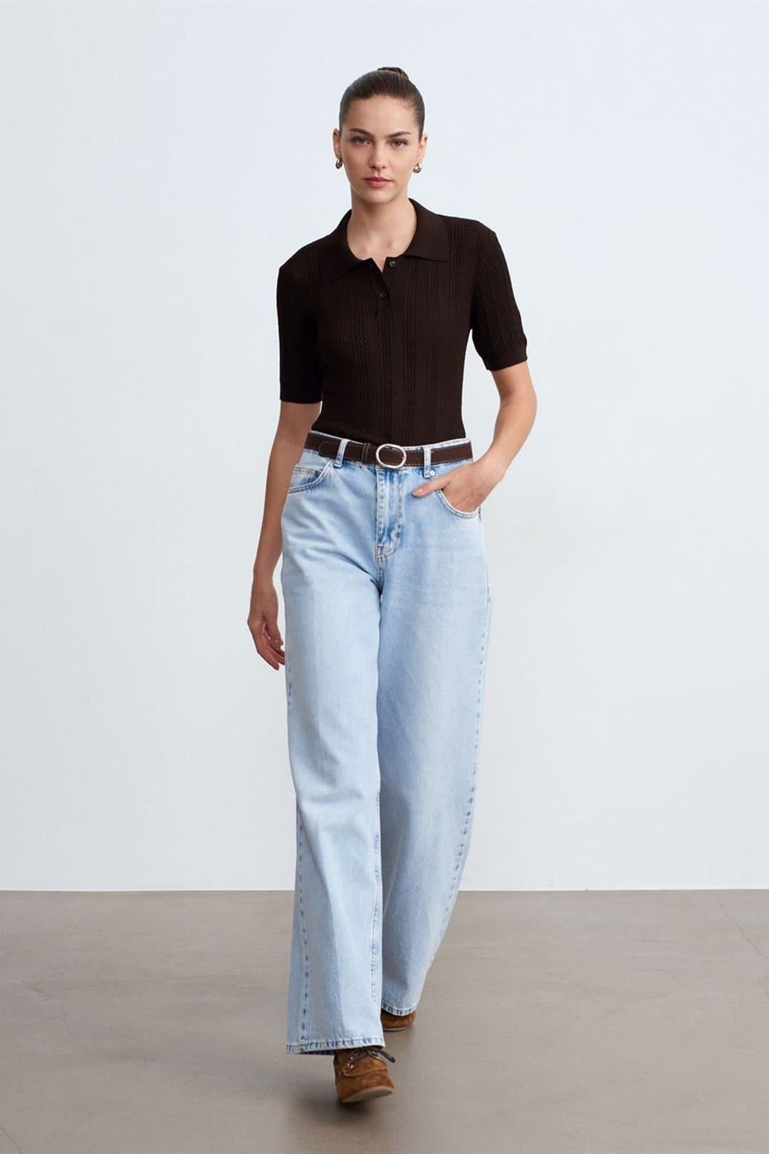 Dilvin Dilvin Women's High Waist Wide Leg Cotton Denim Jeans in Light Blue