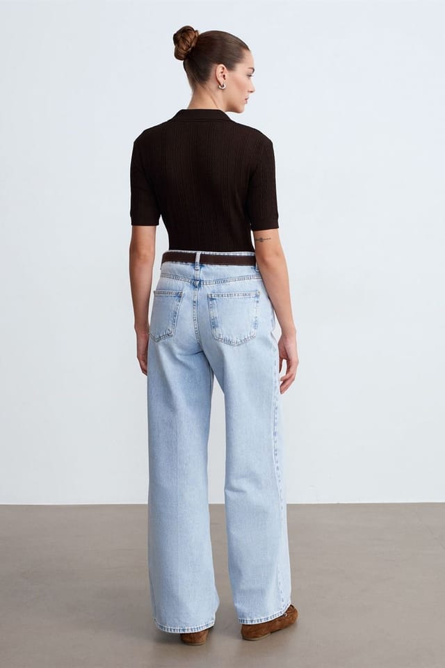Dilvin Dilvin Women's High Waist Wide Leg Cotton Denim Jeans in Light Blue - 2