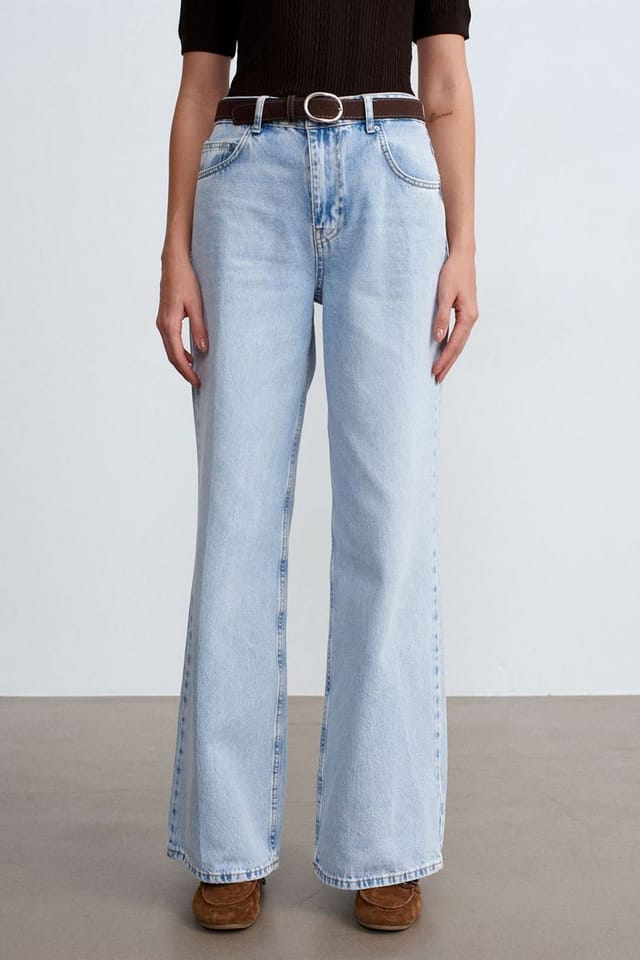 Dilvin Dilvin Women's High Waist Wide Leg Cotton Denim Jeans in Light Blue - 3