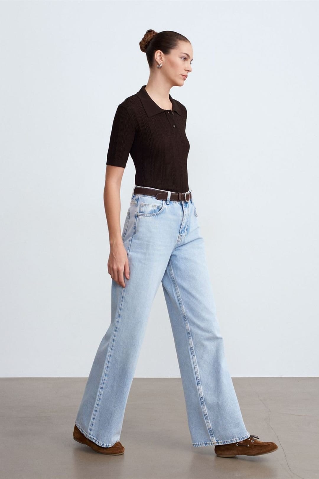 Dilvin Dilvin Women's High Waist Wide Leg Cotton Denim Jeans in Light Blue - 4