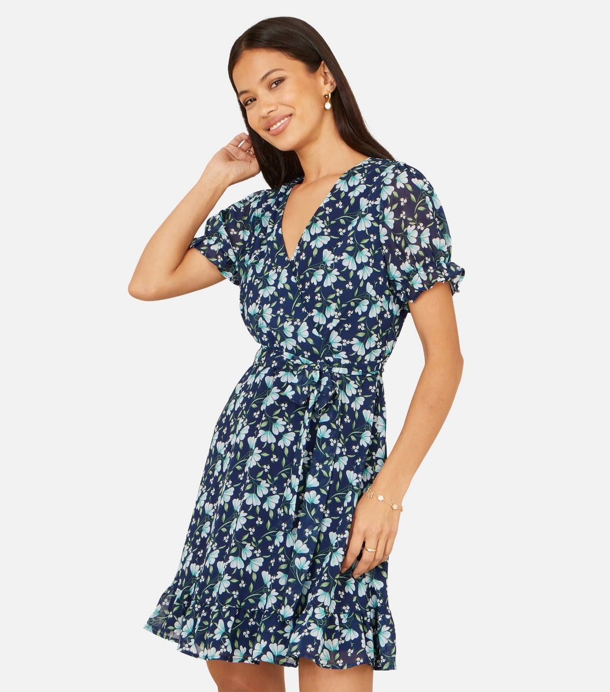 Yumi Women's Navy Floral Print Skater Wrap Mini Dress Yumi New Look