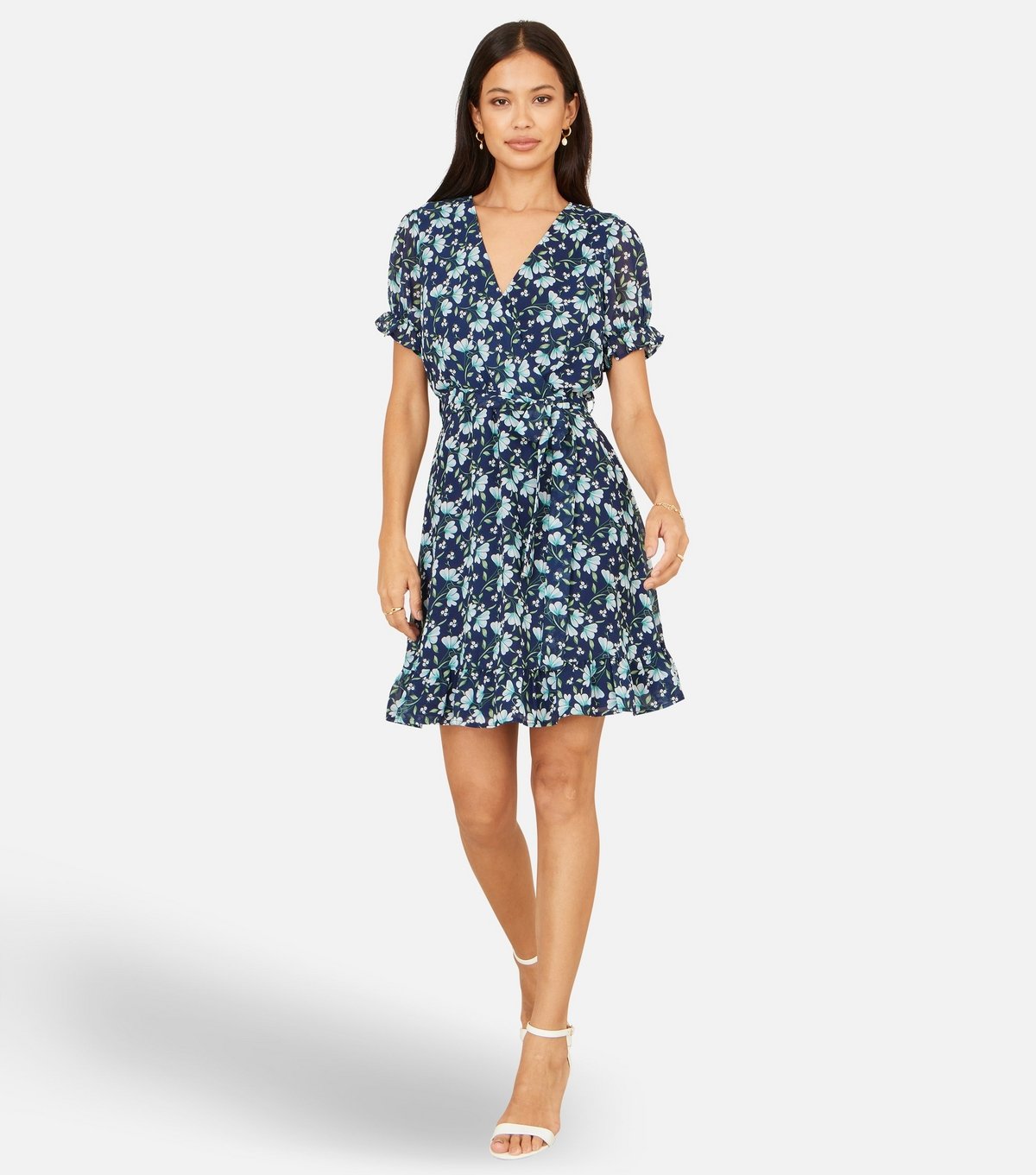 Yumi Women's Navy Floral Print Skater Wrap Mini Dress Yumi New Look - 2