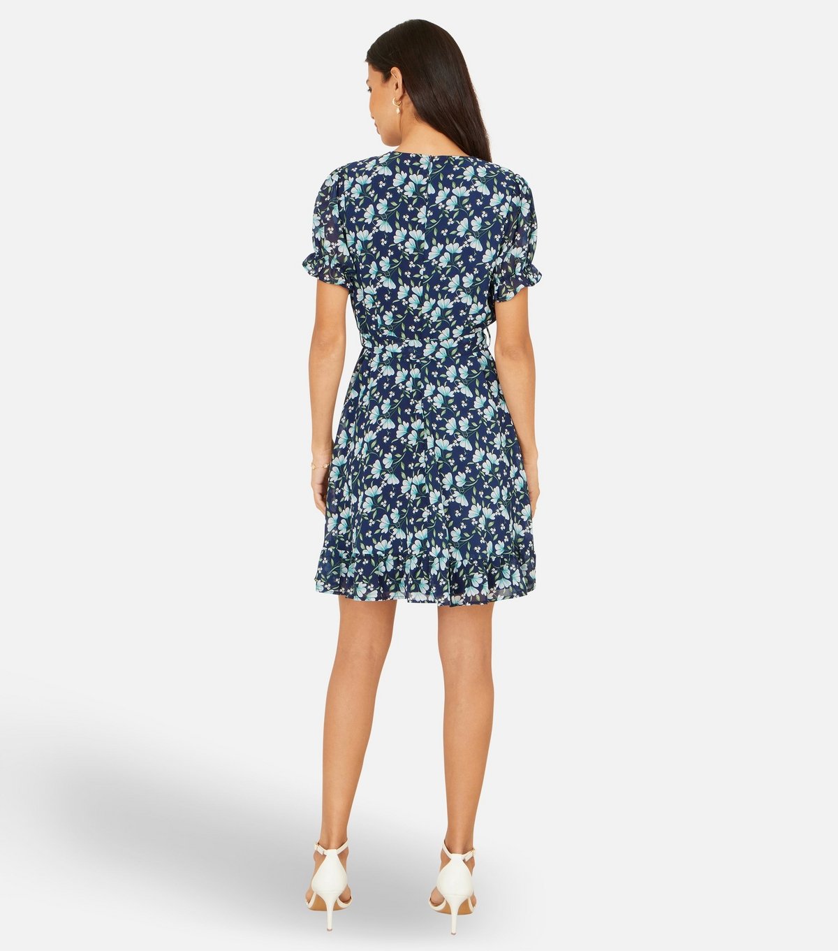 Yumi Women's Navy Floral Print Skater Wrap Mini Dress Yumi New Look - 3